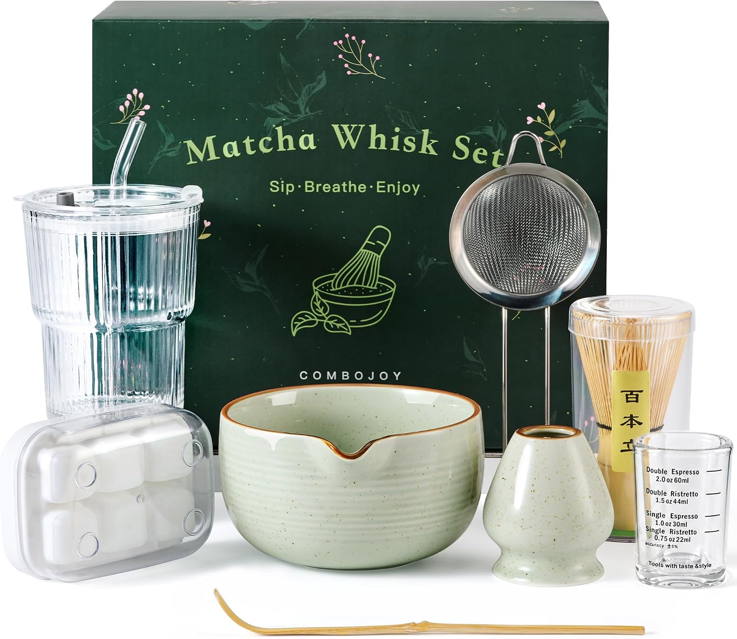 COMBOJOY complete matcha kit with bowl, whisk, glass cup and ice cube tray