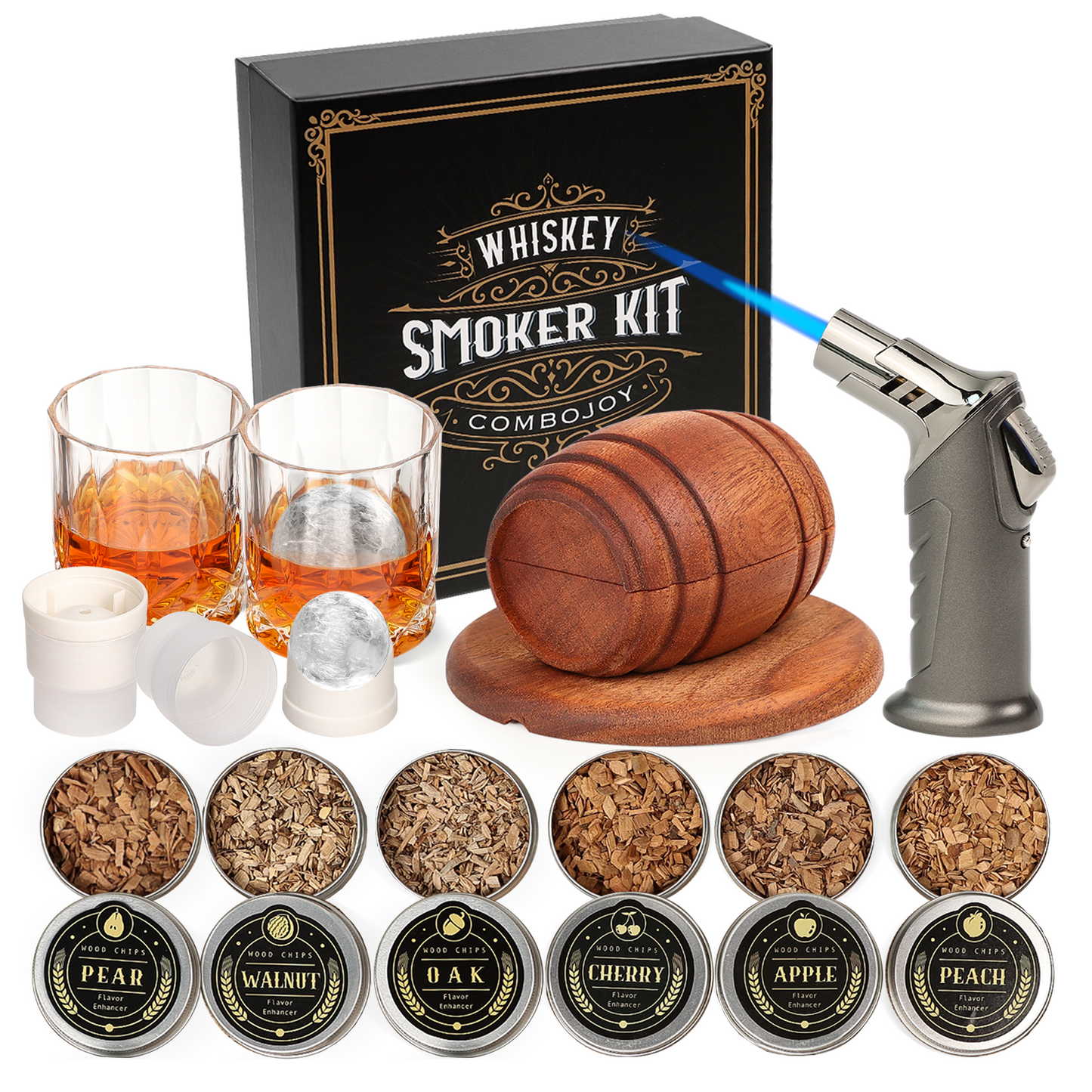 Whiskey Smoker Kit with Torch - 6 Flavors Wood Chips, 2 Glasses, 2 Ice Ball Molds - Birthday Cocktail Gifts for Men (NO Butane)