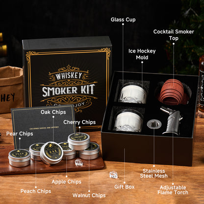 Whiskey Smoker Kit with Torch - 6 Flavors Wood Chips, 2 Glasses, 2 Ice Ball Molds - Birthday Cocktail Gifts for Men (NO Butane)