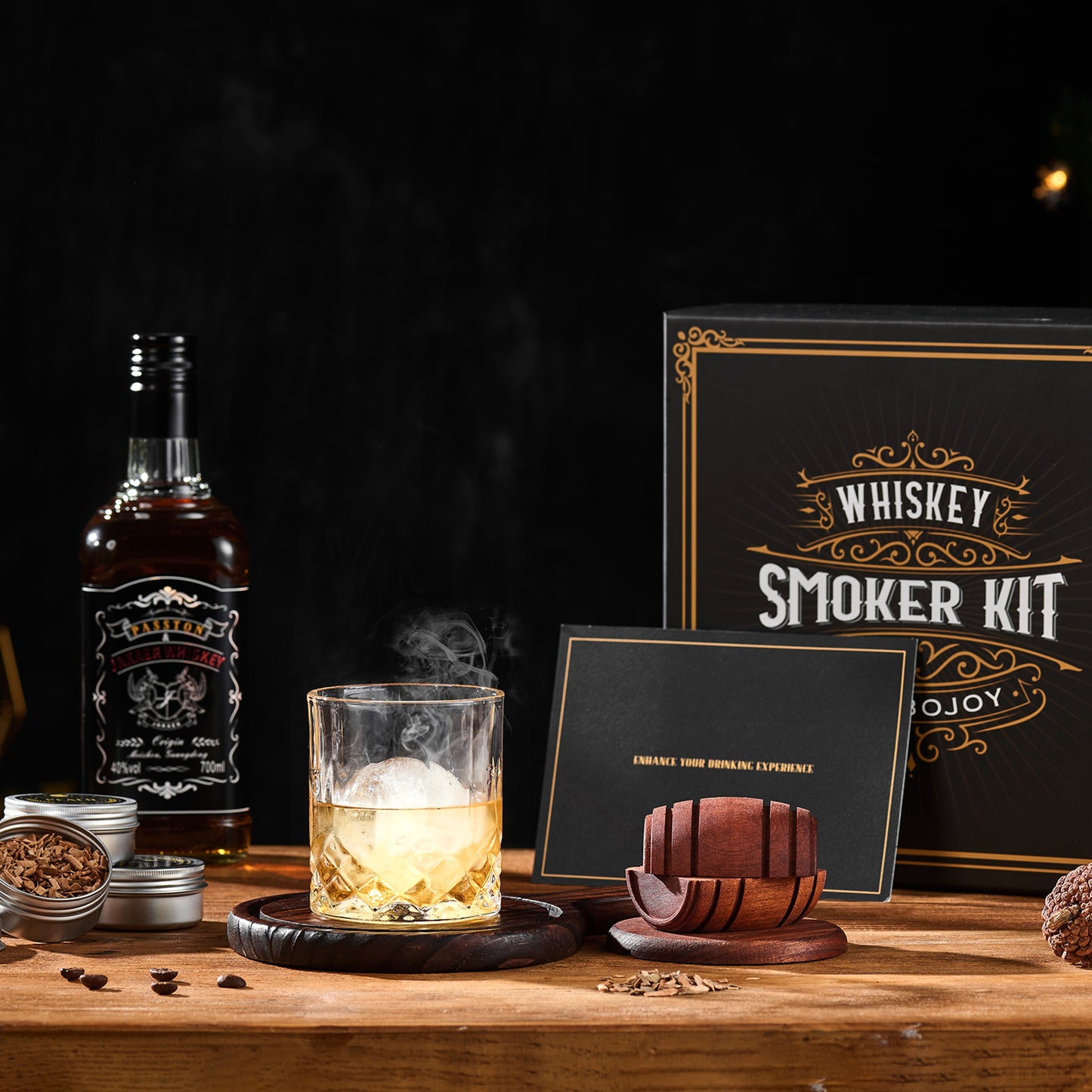 Whiskey Smoker Kit with Torch - 6 Flavors Wood Chips, 2 Glasses, 2 Ice Ball Molds - Birthday Cocktail Gifts for Men (NO Butane)