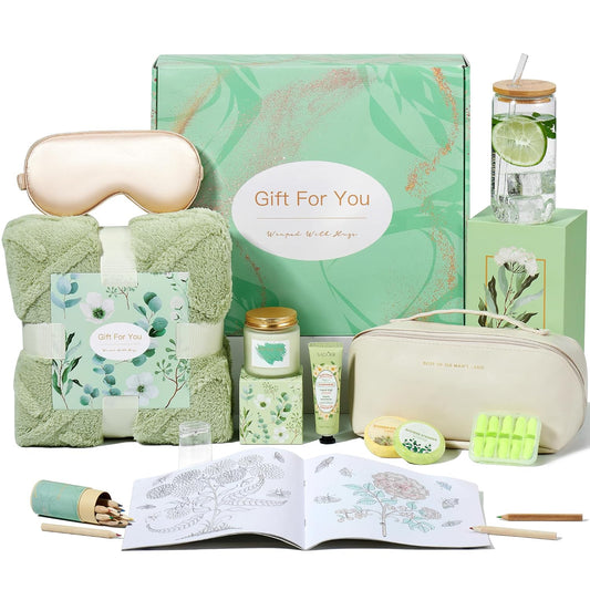 Get Well Gifts for Women,Self Care Gifts for Women,11 Pcs Relaxing Spa Gifts Care Package Gift Baskets with Green Blanket-Birthday, Christmas Gifts for Women Mom Sister Friends Wife Girlfriend