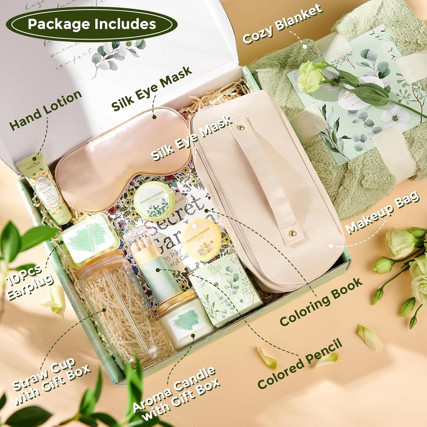 Get Well Gifts for Women,Self Care Gifts for Women,11 Pcs Relaxing Spa Gifts Care Package Gift Baskets with Green Blanket-Birthday, Christmas Gifts for Women Mom Sister Friends Wife Girlfriend