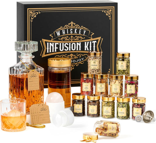 Whiskey Infusion Kit Gifts for Men – 12 Natural Ingredients, Decanter, Infusion Jar, Glass, Ice Mold – DIY Whiskey, Bourbon, Rum & Cocktail Infusion Set for Him, Dad, Husband
