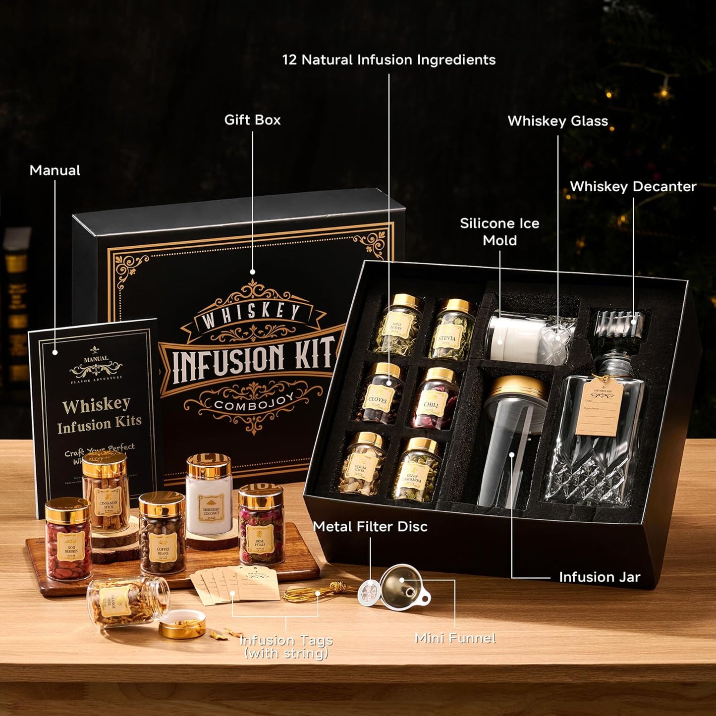 Whiskey Infusion Kit Gifts for Men – 12 Natural Ingredients, Decanter, Infusion Jar, Glass, Ice Mold – DIY Whiskey, Bourbon, Rum & Cocktail Infusion Set for Him, Dad, Husband