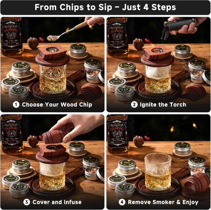 12 Flavor Cocktail Smoker Wood Chips Gift Set for Men - Cinnamon, Cloves, Orange Peel, Cardamom, Rose, Ginger, Pear, Peach, Cherry, Apple, Oak, Walnut for Whiskey/Bourbon/Drinks Smoke Gun