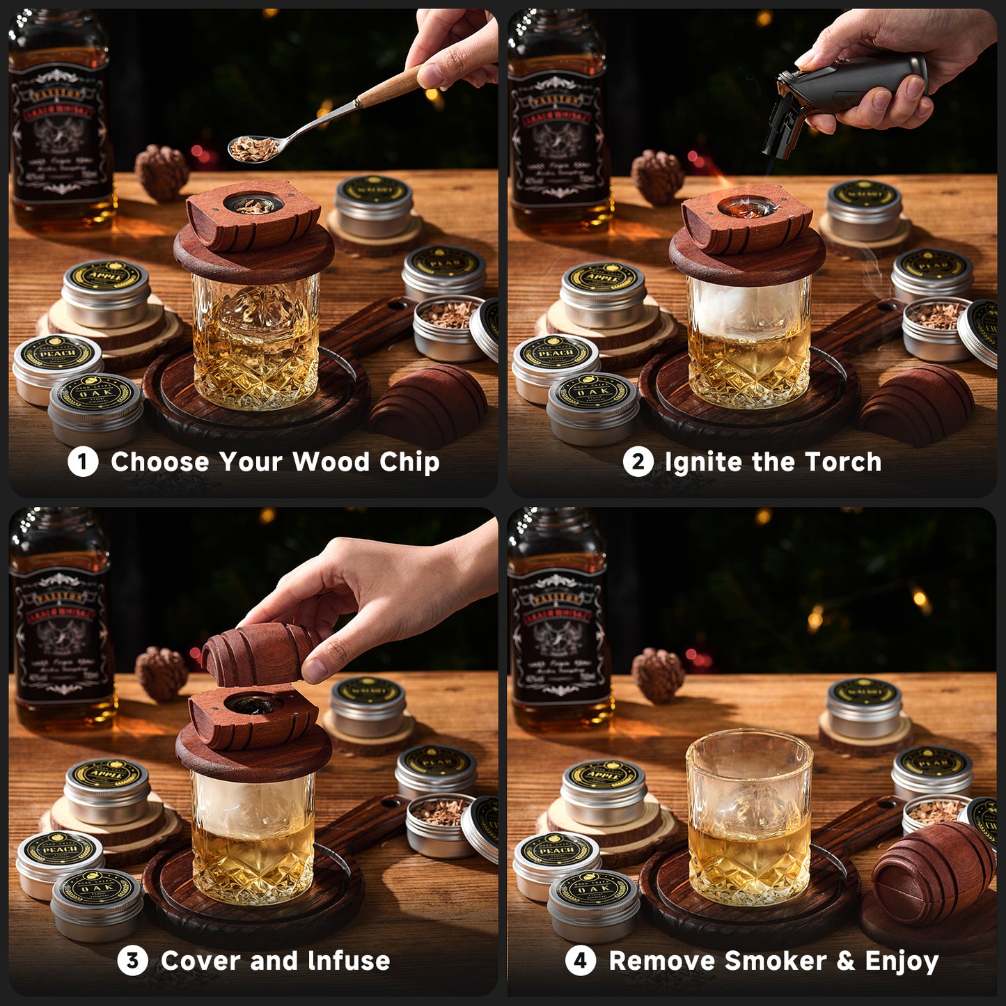 Whiskey Smoker Kit with Torch - 6 Flavors Wood Chips, 2 Glasses, 2 Ice Ball Molds - Birthday Cocktail Gifts for Men (NO Butane)