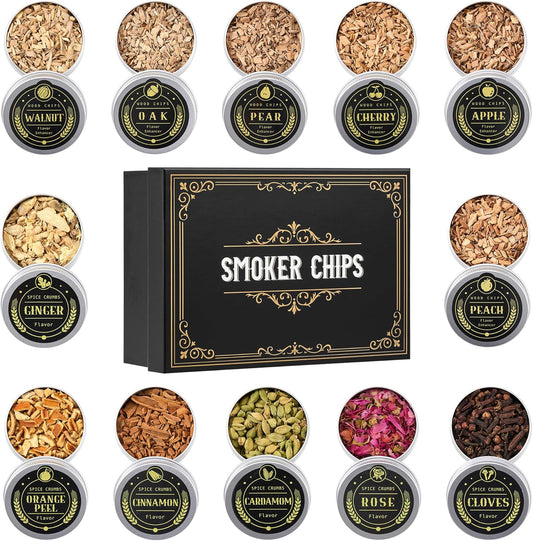 12 Flavor Cocktail Smoker Wood Chips Gift Set for Men - Cinnamon, Cloves, Orange Peel, Cardamom, Rose, Ginger, Pear, Peach, Cherry, Apple, Oak, Walnut for Whiskey/Bourbon/Drinks Smoke Gun