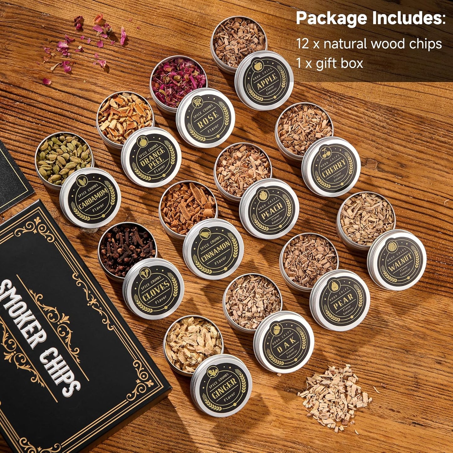 12 Flavor Cocktail Smoker Wood Chips Gift Set for Men - Cinnamon, Cloves, Orange Peel, Cardamom, Rose, Ginger, Pear, Peach, Cherry, Apple, Oak, Walnut for Whiskey/Bourbon/Drinks Smoke Gun