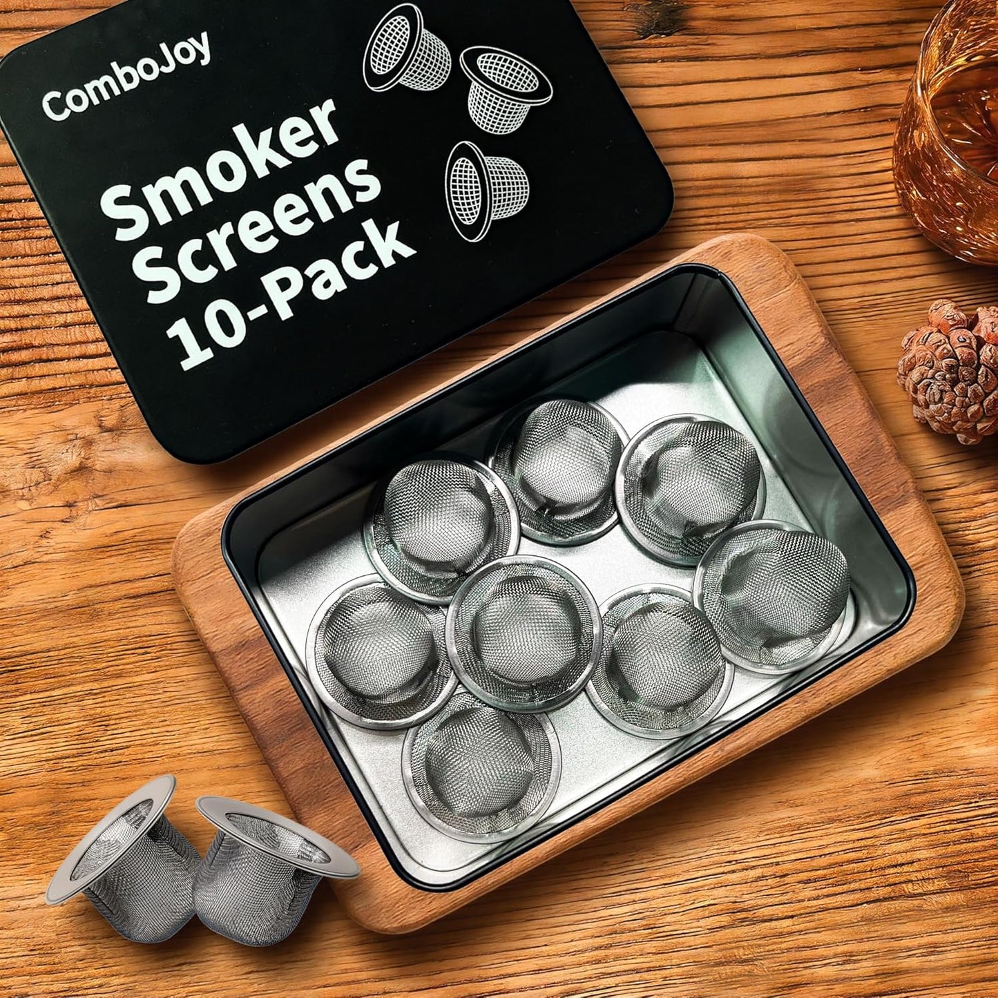10 PCS Whiskey Smoker Filter Screens, Stainless Steel Reusable Mesh Replacement Screens with Metal Tin Storage Case for Cocktail & Whiskey Smoker Kits