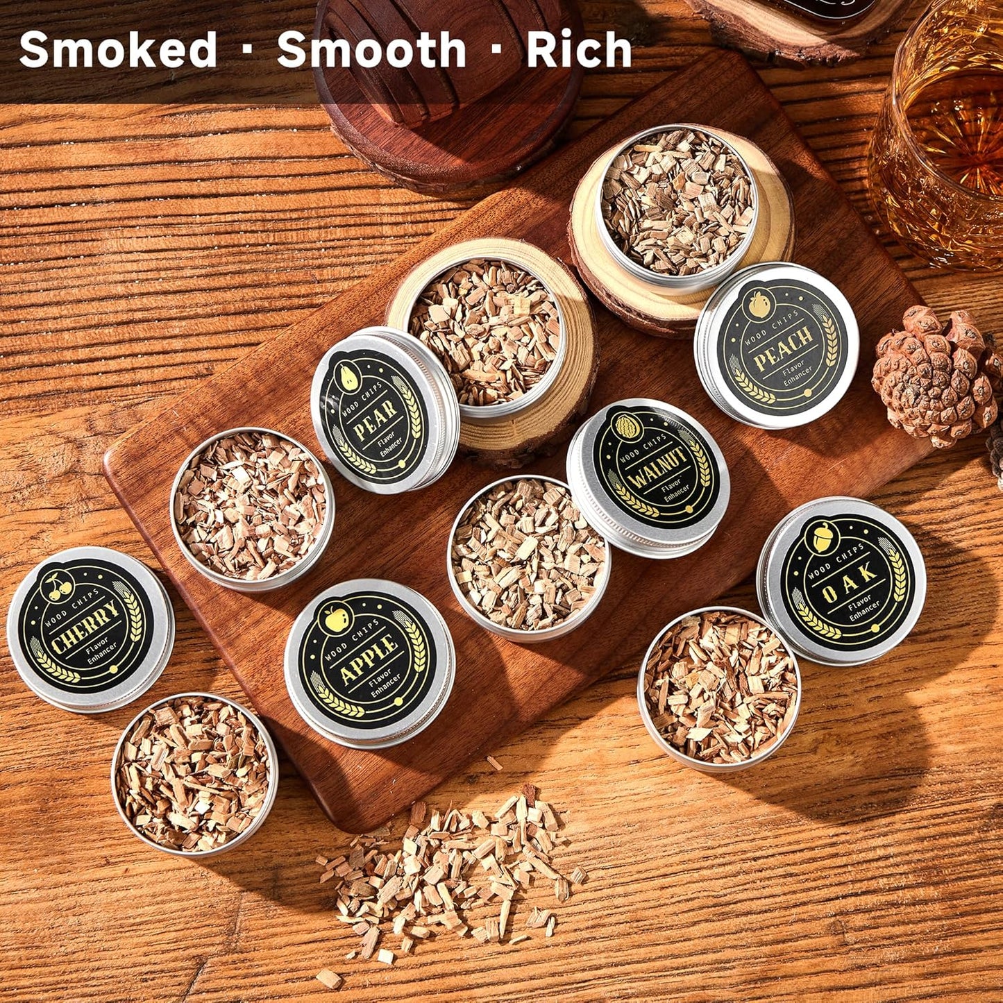 12 Flavor Cocktail Smoker Wood Chips Gift Set for Men - Cinnamon, Cloves, Orange Peel, Cardamom, Rose, Ginger, Pear, Peach, Cherry, Apple, Oak, Walnut for Whiskey/Bourbon/Drinks Smoke Gun