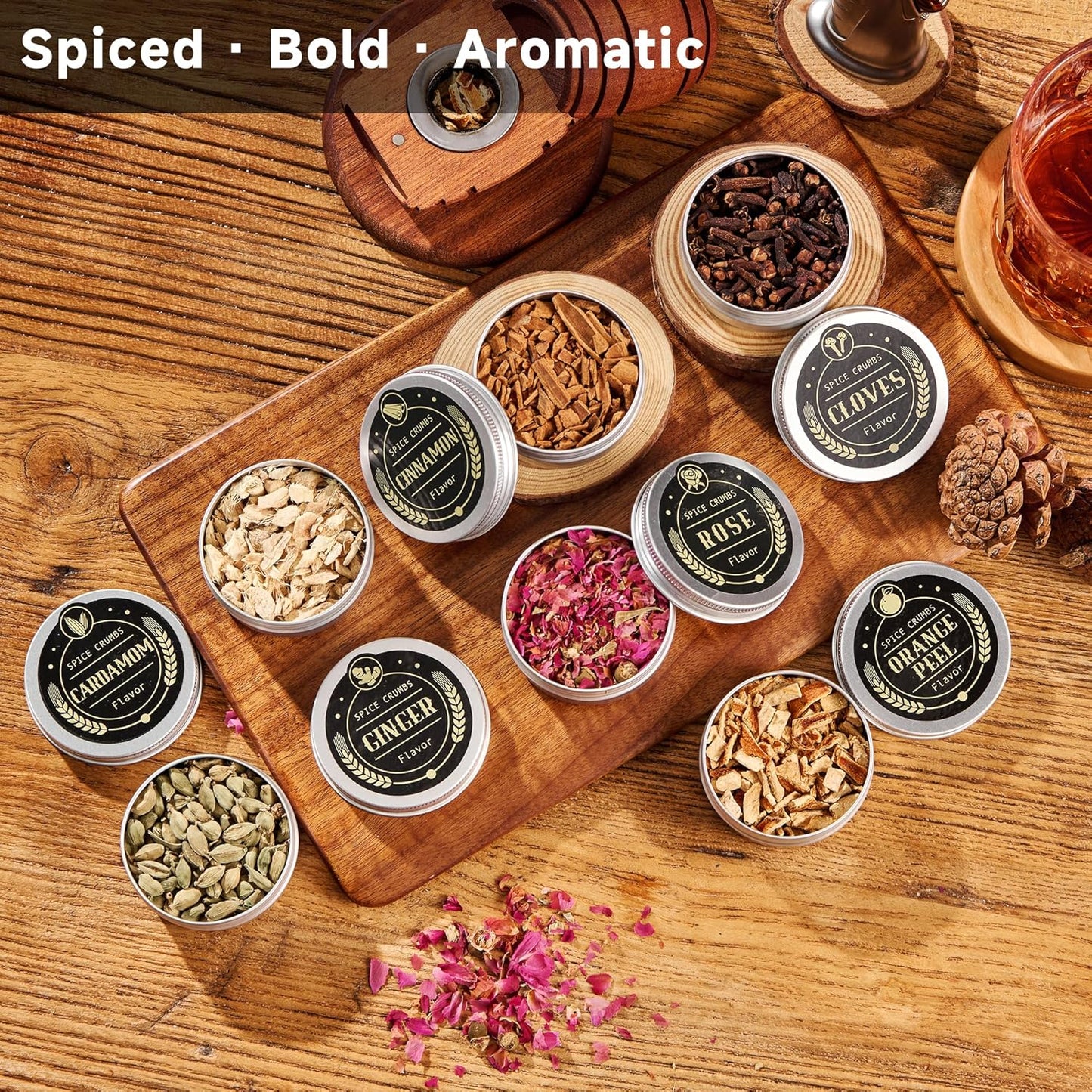 12 Flavor Cocktail Smoker Wood Chips Gift Set for Men - Cinnamon, Cloves, Orange Peel, Cardamom, Rose, Ginger, Pear, Peach, Cherry, Apple, Oak, Walnut for Whiskey/Bourbon/Drinks Smoke Gun